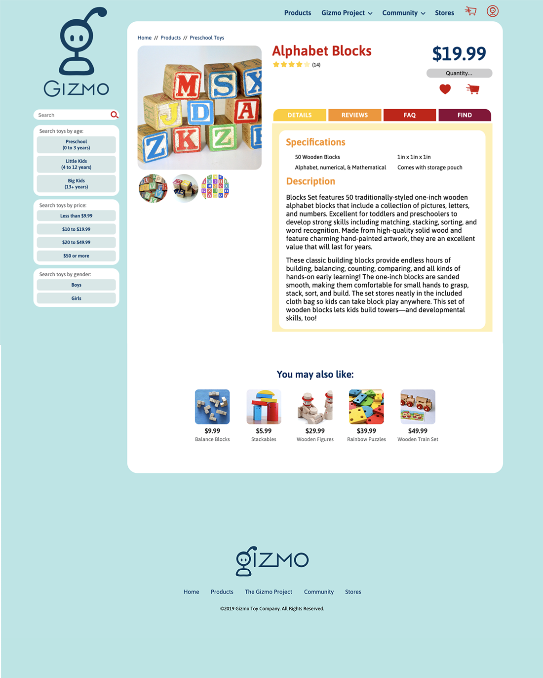 Gizmo Product Detail Page on Desktop